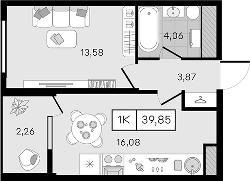 Планировка однокомнатная 39.85 м² в ЖК «Новые сезоны 2», корпус 34