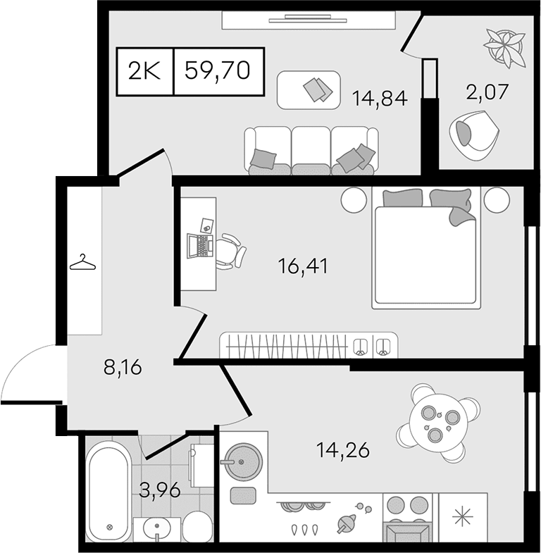 Планировка двухкомнатная 59.7 м² в ЖК «Новые сезоны 2», корпус 32