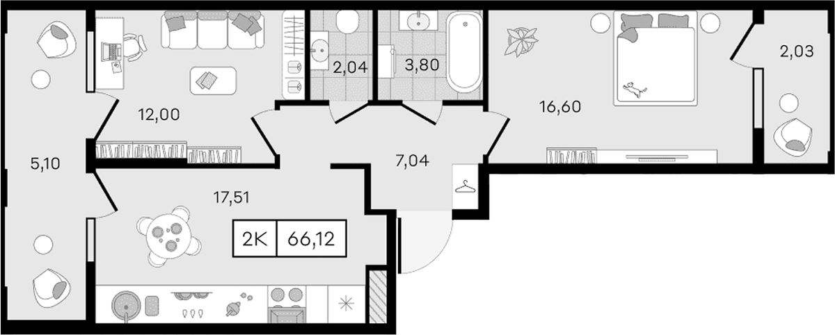 Планировка двухкомнатная 66.12 м² в ЖК «Новые сезоны 2», корпус 34