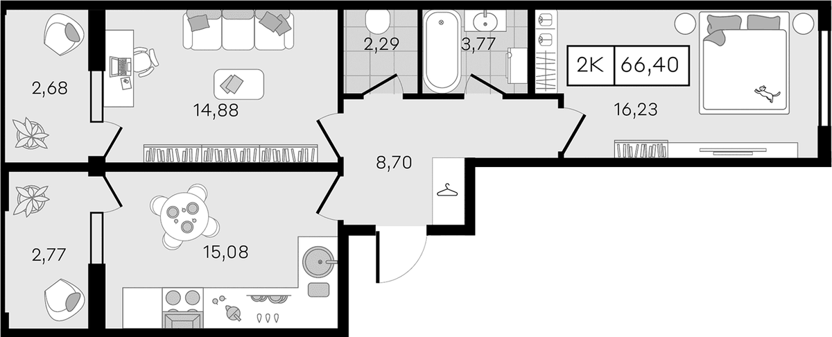 Планировка двухкомнатная 66.4 м² в ЖК «Новые сезоны 2», корпус 32