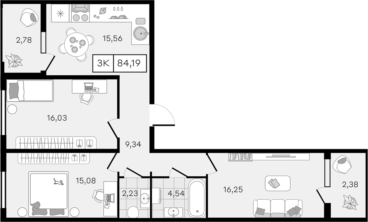 Планировка трёхкомнатная 84.19 м² в ЖК «Новые сезоны 2», корпус 32
