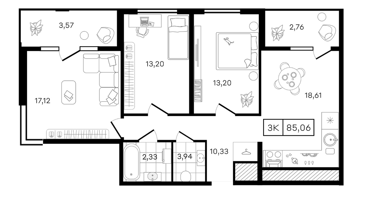 Планировка трёхкомнатная 85.06 м² в ЖК «Новые сезоны 2», корпус 33
