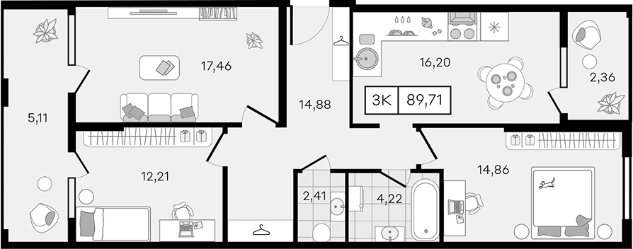 Планировка трёхкомнатная 89.71 м² в ЖК «Новые сезоны 2», корпус 34