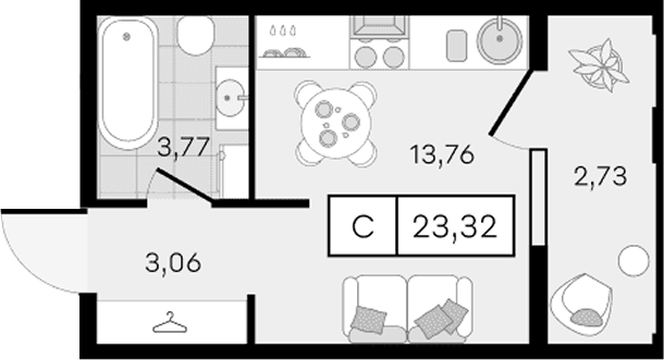 Планировка Студии 23.05 м² в ЖК «Новые сезоны 2», корпус 33