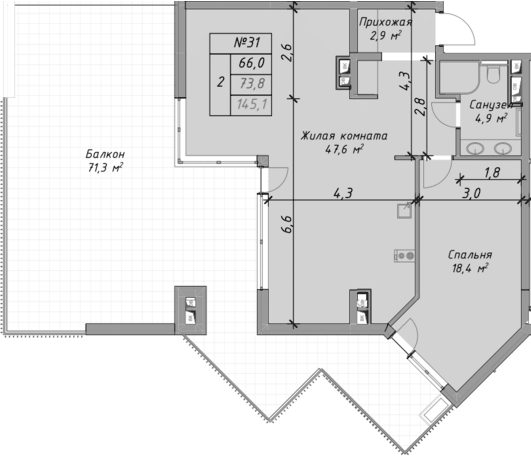 Планировка евродвушка (2Е) 145.1 м² в ЖК «Оазис Азова», корпус 1