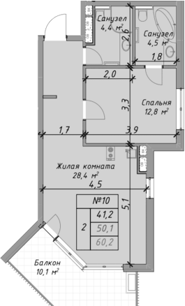 Планировка евродвушка (2Е) 60.2 м² в ЖК «Оазис Азова», корпус 1