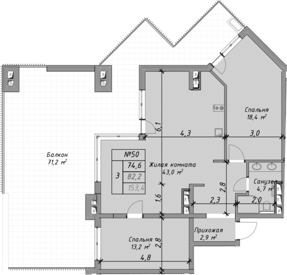 Планировка евротрёшка (3Е) 153.4 м² в ЖК «Оазис Азова», корпус 1