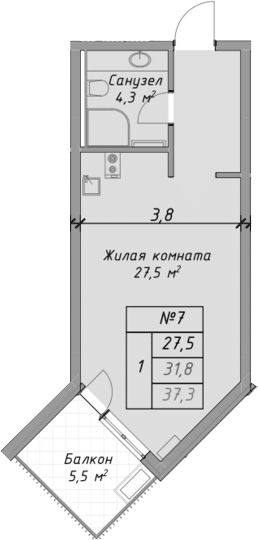 Планировка Студии 37.3 м² в ЖК «Оазис Азова», корпус 1