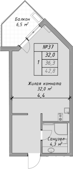 Планировка Студии 42.8 м² в ЖК «Оазис Азова», корпус 1