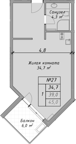 Планировка Студии 45 м² в ЖК «Оазис Азова», корпус 1