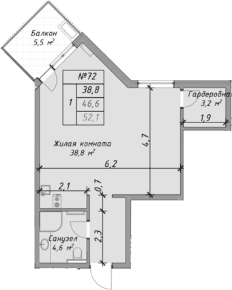 Планировка Студии 52.1 м² в ЖК «Оазис Азова», корпус 1