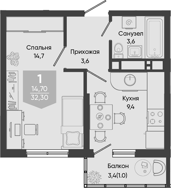 Планировка однокомнатная 32.3 м² в ЖК «Облака», корпус 3