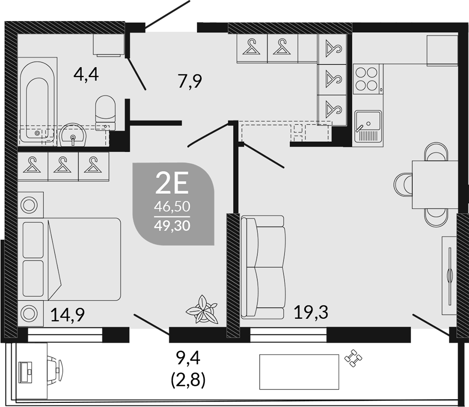 Планировка евродвушка (2Е) 49.3 м² в ЖК «Облака», корпус 2