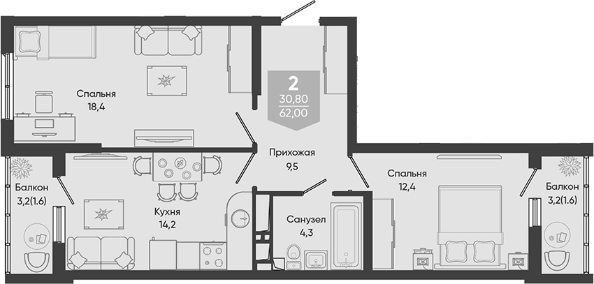 Планировка двухкомнатная 62 м² в ЖК «Облака», корпус 3