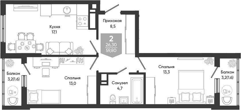 Планировка евротрёшка (3Е) 59.8 м² в ЖК «Облака», корпус 3