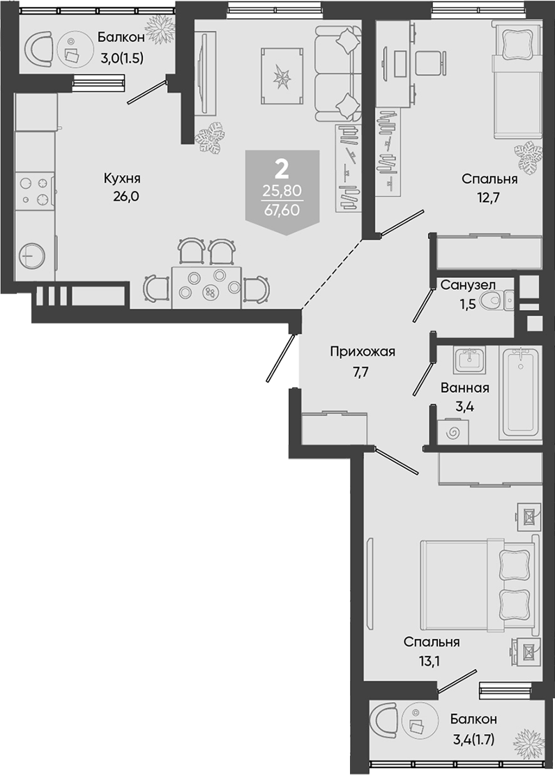 Планировка евротрёшка (3Е) 67.6 м² в ЖК «Облака», корпус 3