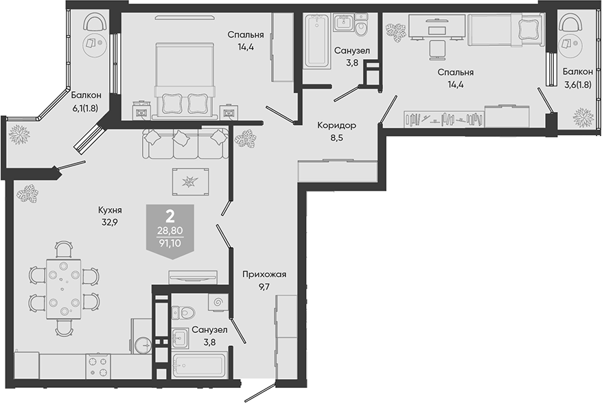 Планировка евротрёшка (3Е) 91.1 м² в ЖК «Облака», корпус 3