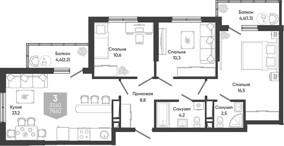 Планировка евро-4 (4Е) 79.6 м² в ЖК «Облака», корпус 3