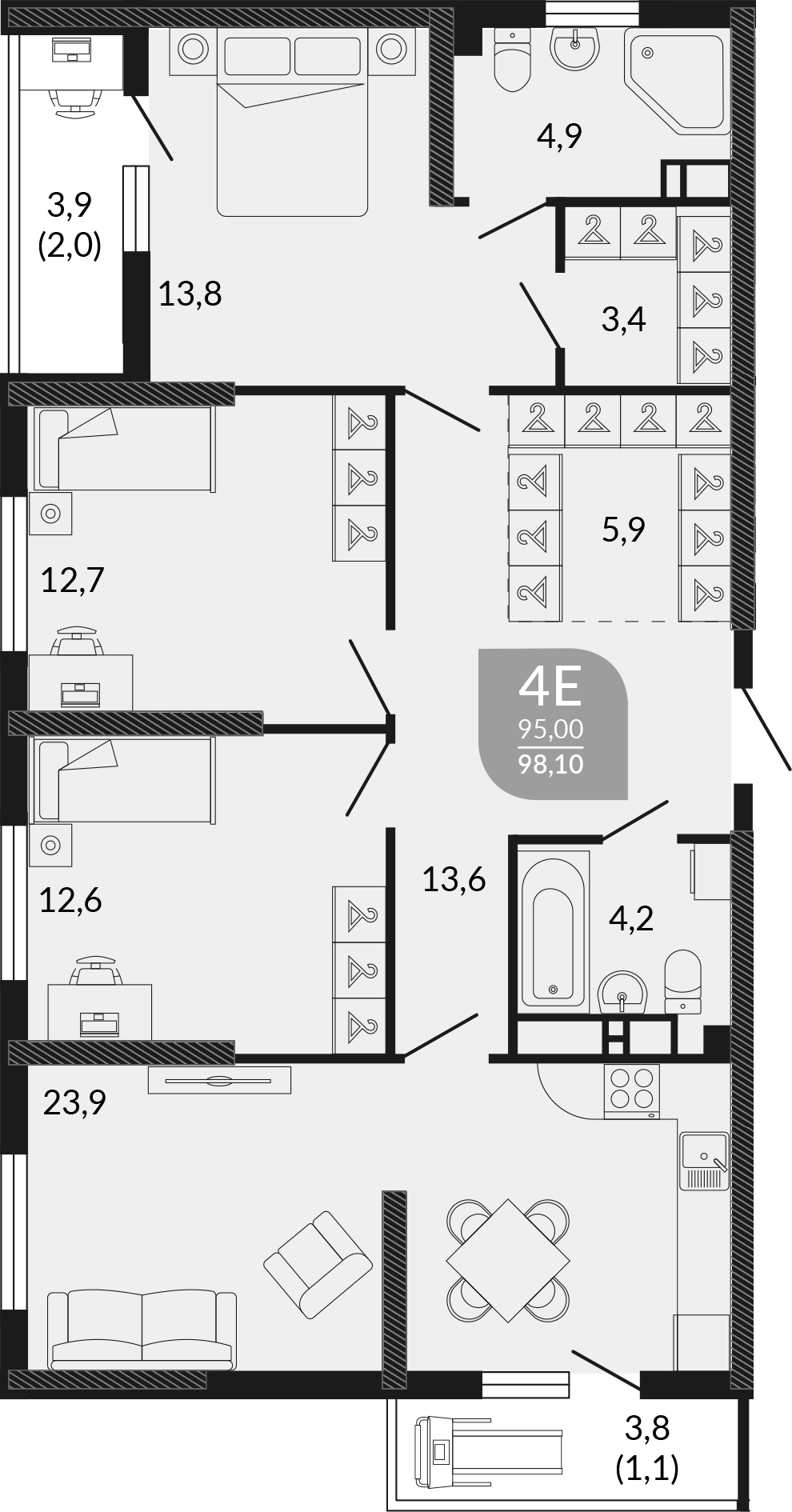 Планировка евро-4 (4Е) 98.1 м² в ЖК «Облака», корпус 2