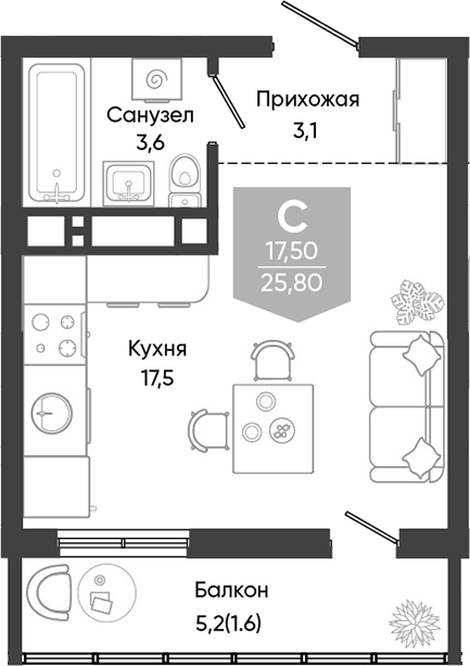 Планировка Студии 25.8 м² в ЖК «Облака», корпус 3