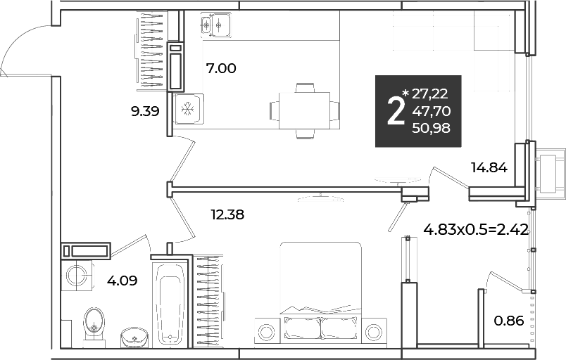 Планировка однокомнатная 50.98 м² в ЖК «Образцово», корпус 16
