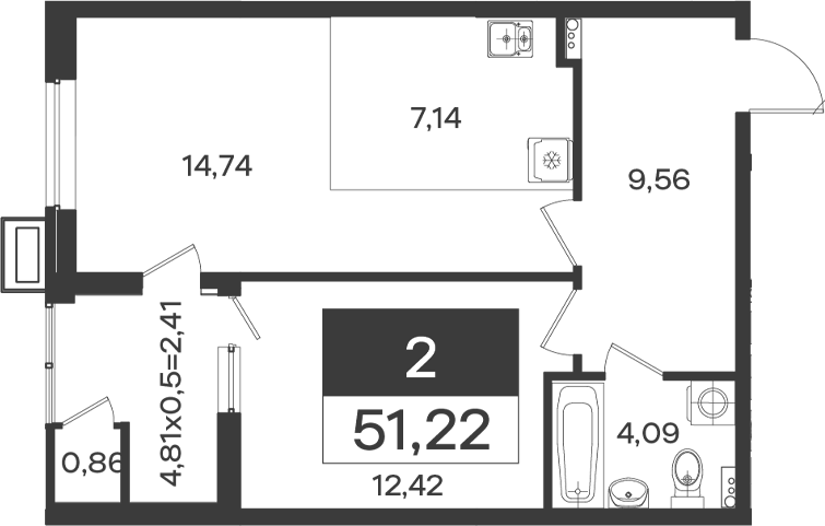Планировка однокомнатная 51.22 м² в ЖК «Образцово», корпус 12