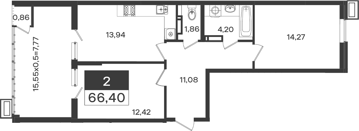 Планировка двухкомнатная 66.4 м² в ЖК «Образцово», корпус 12