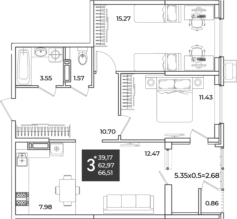 Планировка двухкомнатная 66.51 м² в ЖК «Образцово», корпус 16