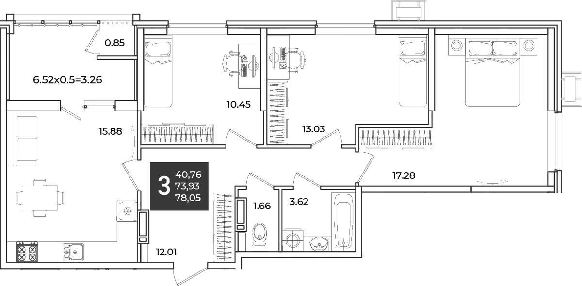 Планировка трёхкомнатная 78.05 м² в ЖК «Образцово», корпус 16