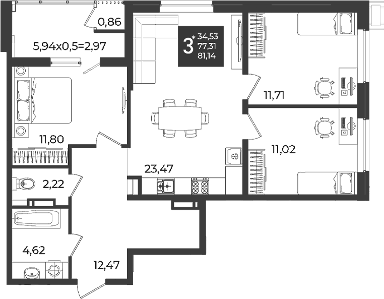 Планировка трёхкомнатная 81.14 м² в ЖК «Образцово», корпус 9