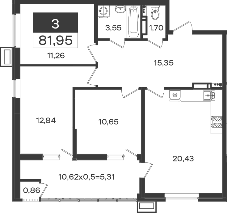 Планировка трёхкомнатная 81.95 м² в ЖК «Образцово», корпус 12