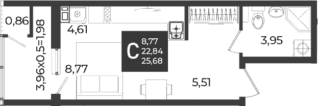 Планировка Студии 25.68 м² в ЖК «Образцово», корпус 9
