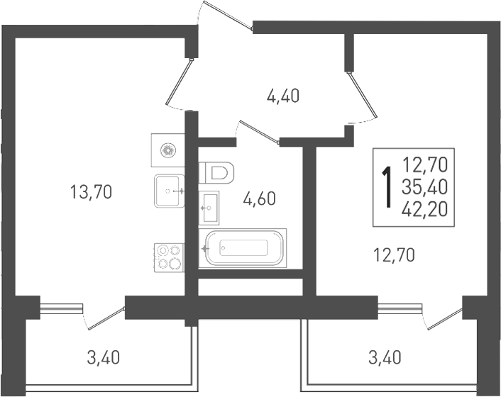 Планировка однокомнатная 42.2 м² в ЖК «Огурцы», корпус 2