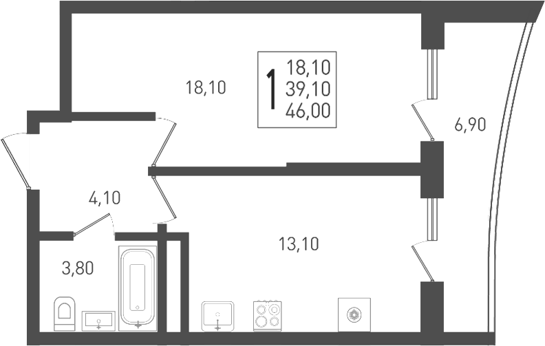 Планировка однокомнатная 46 м² в ЖК «Огурцы», корпус 2