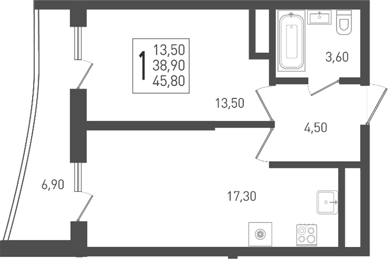 Планировка евродвушка (2Е) 45.8 м² в ЖК «Огурцы», корпус 2