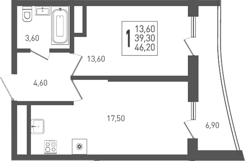 Планировка евродвушка (2Е) 46.2 м² в ЖК «Огурцы», корпус 2
