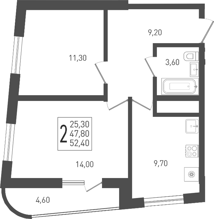 Планировка двухкомнатная 52.7 м² в ЖК «Огурцы», корпус 2
