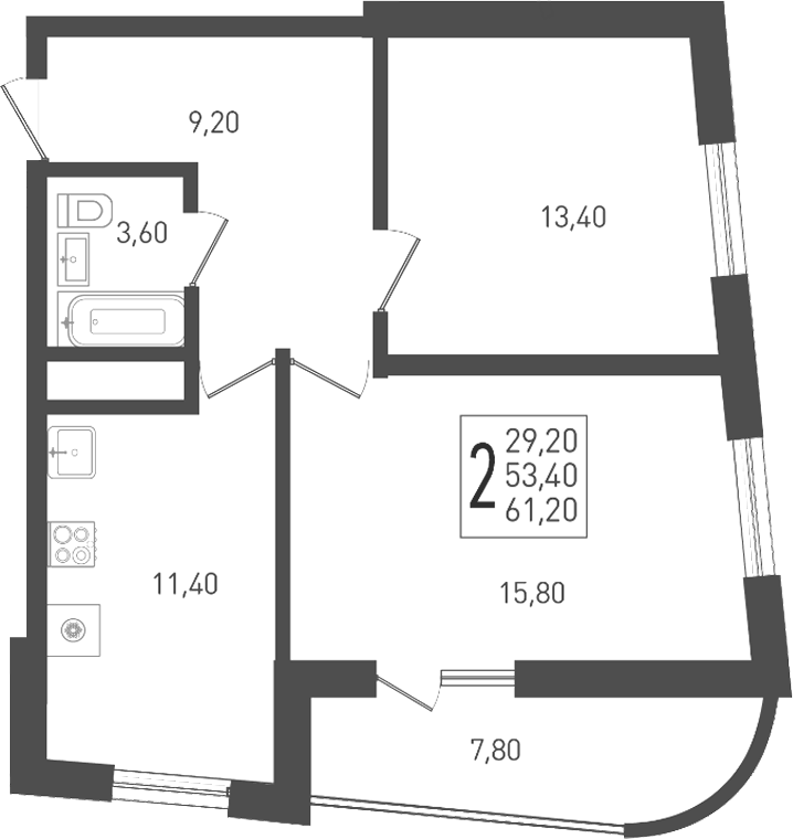 Планировка двухкомнатная 61.2 м² в ЖК «Огурцы», корпус 2