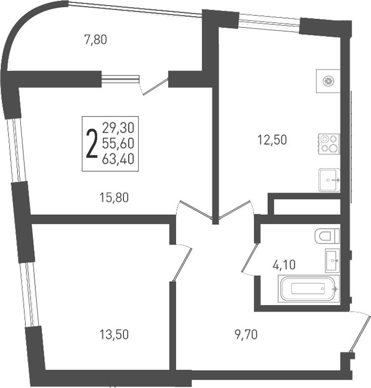 Планировка двухкомнатная 63.4 м² в ЖК «Огурцы», корпус 2