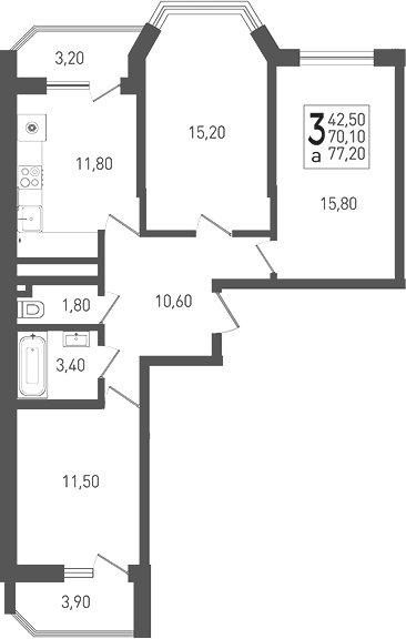 Планировка трёхкомнатная 77.2 м² в ЖК «Огурцы», корпус 1