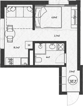 Планировка однокомнатная 30.2 м² в ЖК «Оливия», корпус 10