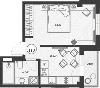 Планировка однокомнатная 33.2 м² в ЖК «Оливия», корпус 11