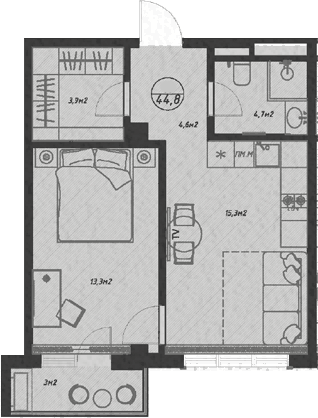 Планировка евродвушка (2Е) 44.8 м² в ЖК «Оливия», корпус 11