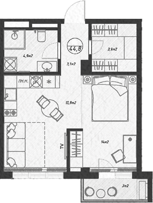 Планировка евродвушка (2Е) 44.8 м² в ЖК «Оливия», корпус 7
