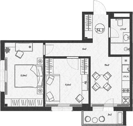 Планировка двухкомнатная 54.3 м² в ЖК «Оливия», корпус 7
