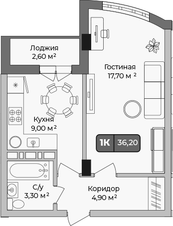 Планировка однокомнатная 36.2 м² в ЖК «Опера», корпус 2