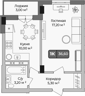 Планировка однокомнатная 36.6 м² в ЖК «Опера», корпус 3