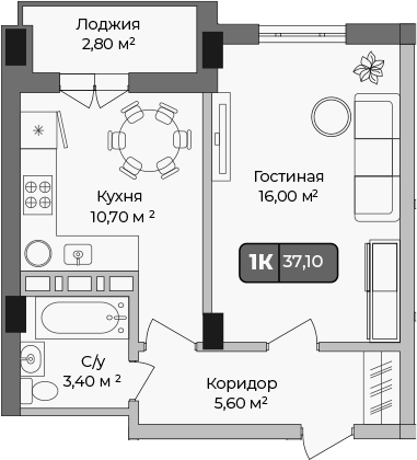 Планировка однокомнатная 37.1 м² в ЖК «Опера», корпус 2
