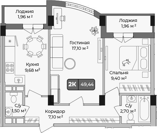 Планировка двухкомнатная 49.44 м² в ЖК «Опера», корпус 1