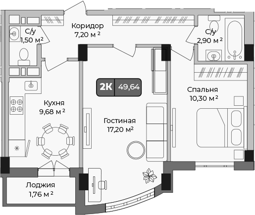 Планировка двухкомнатная 49.64 м² в ЖК «Опера», корпус 3